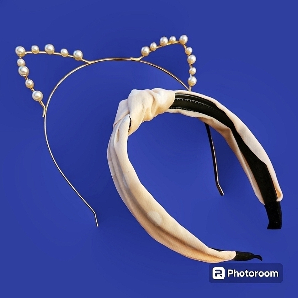 3/$30 Pink Polka Dot Headband and Pearl Cat Ears Crown Headband